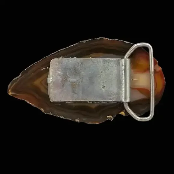 Vintage Belt Buckle‎ Polished Stone Agate Brown Swirl Feels Like Glass